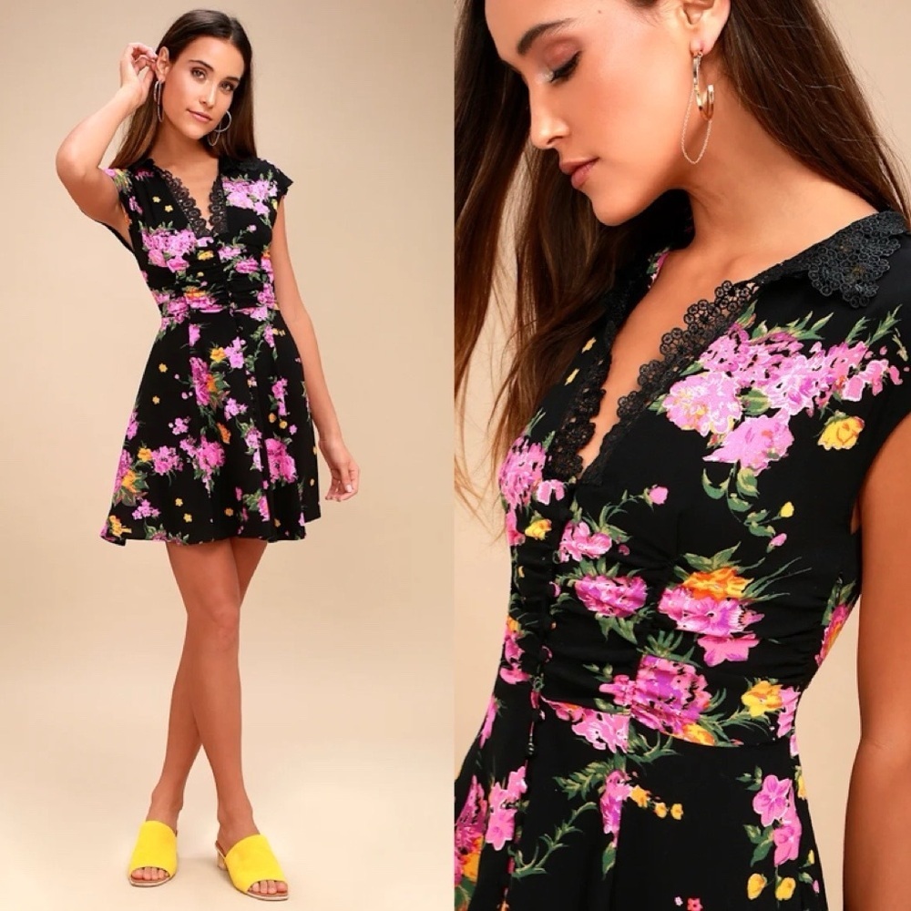 Free People Sz 8 Alora Mini Dress Black Pink Orange Floral Lace V Neck Buttons